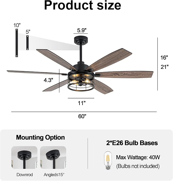 60" Farmhouse Ceiling Fan with Lights Remote, Rustic Ceiling Fan | Industrial Caged Fandelier Black Metal Chandelier Light, Reversible Quiet DC Motor 6 Speeds for Living Room Bedroom Indoor