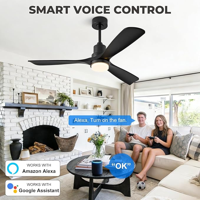 52 inch Smart Ceiling Fan with Lights,Outdoor Ceiling Fan 3 Wood Blades Compatible with Alexa/Gg Voice Control&App&Remote,Quiet DC Motor for Covered Patio Porch Bedroom,Black