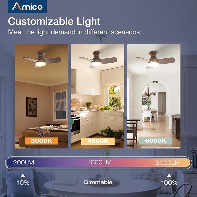 Amico Ceiling Fans with Lights, 30 inch Low Profile Ceiling Fan with Light and Remote Control, Flush Mount, Reversible, 3CCT, Dimmable, Noiseless, Brown Ceiling Fan for Bedroom, Indoor/Outdoor Use