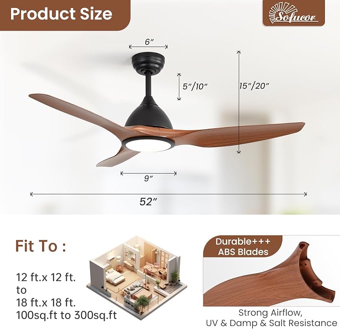 Sofucor 52 Inch Outdoor Ceiling Fans with Lights, Modern Ceiling Fan with 3 Plastic Blade, Quiet, Dimmable, High 7000CFM 6-Speed 3-Timer Reversible DC Motor, for Bedroom Living Room, ETL, Brown