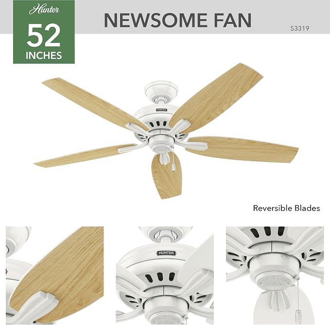 Hunter 52 inch Indoor Ceiling Fan No Light with Pull Chain - White Ceiling Fan without Light, Standard Mount, 5 Blades, For Bedroom, Living Room, or Kitchen, Quiet - Newsome 53319, Fresh White