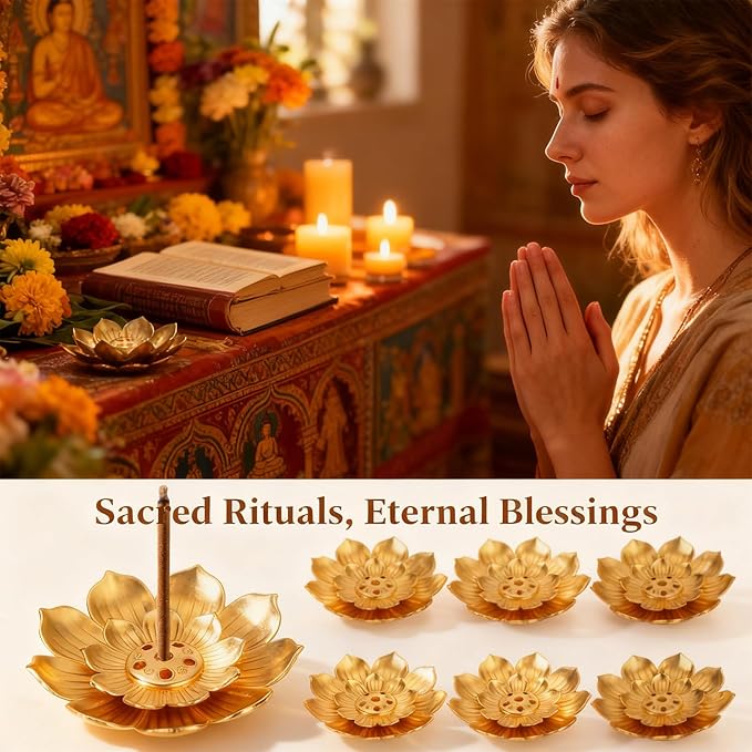 24PCS Large Lotus Incense Holder, 4.2’’ Gold Incense Burner for Sticks & Cones, Stable Metal Ash Catcher, Lotus Incense Holder for Meditation Yoga Home Decor