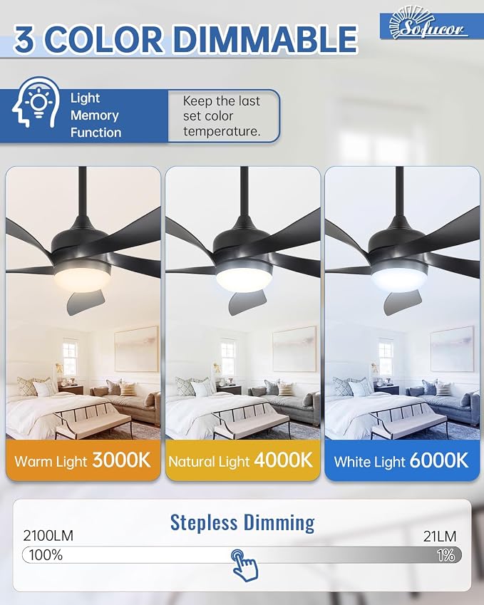 Sofucor 42 Inch Ceiling Fan with Lights and Remote, Indoor/Outdoor Ceiling Fan with Light 6-Speed 3 CCT 3-Timer, Low Profile Black Ceiling Fan 5 Blade Quiet DC Motor for Bedroom Living Room Patio