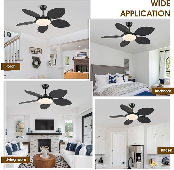 Wiviniya 48 Inch Tropical Ceiling Fans with Lights, Palm Leaf Outdoor Ceiling Fan with Light for Patios Porch Bedroom Living Room, Remote/APP Control, Reversible Quiet DC Motor, Dimmable LED, Black