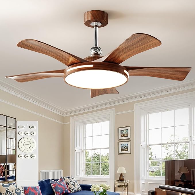 Ceiling Fans with Lights and Remote: 46-Inch Ceiling Fan 5 Blades Round Low Profile Outdoor - Walnut Ceiling Fans with Remote Control Chrome Rod Quiet Reversible DC Motor for Living Room