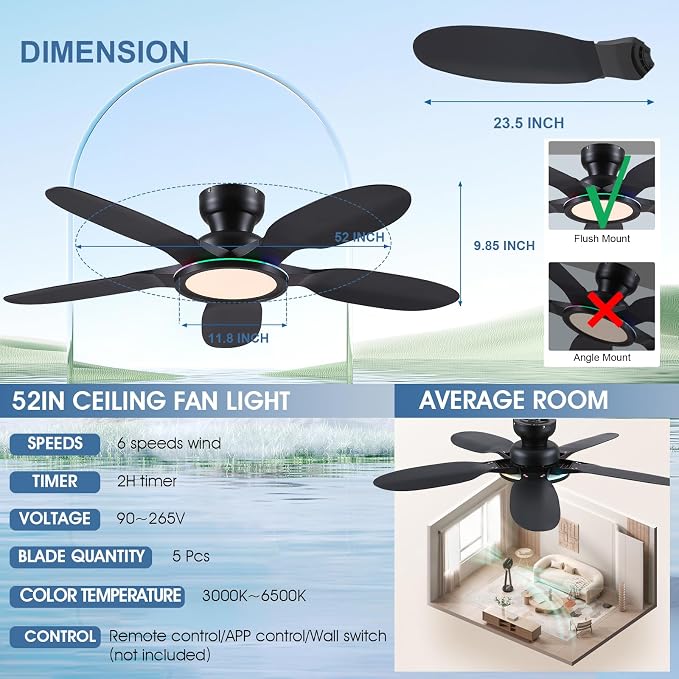 Kviflon Ceiling Fans with Lights and Remote/APP Control, 52 inch Low Profile Ceiling Fans with Dimmable White + RGB Ring Lights, 6 Speeds 5 Curved Blades for Kids Room Bedroom Bar, Black