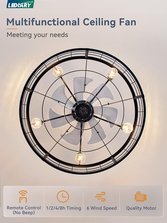 LEDIARY 30 inch Fandelier Caged Ceiling Fan with Light, Bladeless Ceiling Fan with Remote, Farmhouse Fan Lights Ceiling Fixtures for Kitchen, Bedroom, Outdoor(6 Speed, Timing)-Black