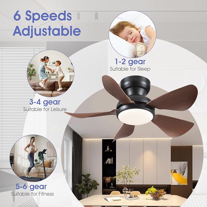 Kviflon 32 Inch Modern Ceiling Fans with Lights, Small Flush Mount Ceiling Fan with Light, Remote Control, 5 Reversible Curved Blades, 6 Speeds, 3 CCT Dimmable LED Lights for Kids Room Bedroom, Brown