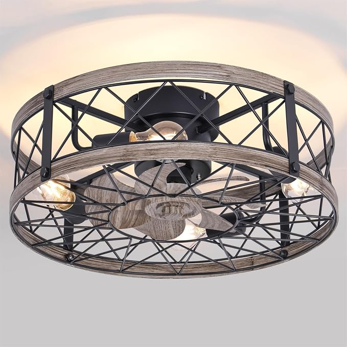 24" Farmhouse Caged Ceiling Fans with Lights Flush Mount, Rustic Low Profile Ceiling Fan with Light and Remote, Quiet Reversible DC Motor Bladeless Enclosed Ceiling Fan for Bedroom Kitchen Dining Room