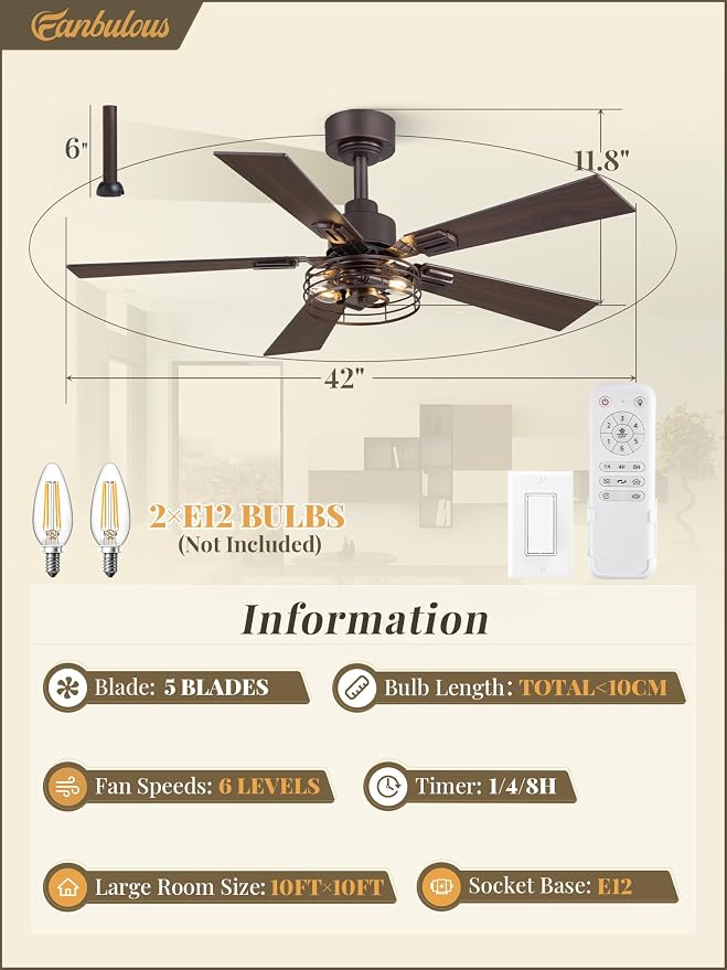 Fanbulous 1 Pack Farmhouse 42 Inch Ceiling Fans with Lights, Industrial Caged Ceiling Fans for Bedroom Living Room, Double-Sided 5 Blades Rustic Ceiling Fan-Oil Bronze