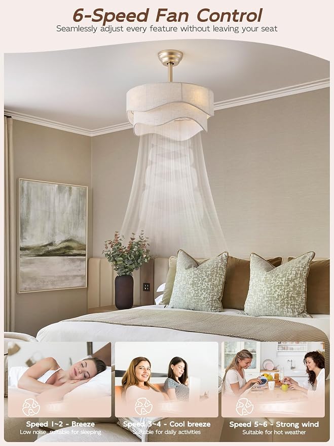 20" Boho Fandelier Ceiling Fans with Lights, Gold Caged Ceiling Fan with Light, Fabric Bladeless Fan with Remote Control, Reversible for Bedroom, Living Room, Nursery (Beige)