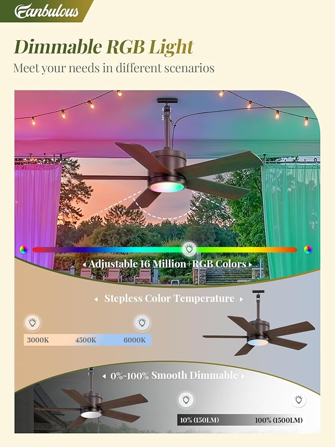 Fanbulous 42" Outdoor Ceiling Fans with Lights, APP Remote Control, IP65 Waterproof, RGB Dimmable Light, Plug-and Play,10FT Cord, 6-Speeds, 3CCT, Hook Hanging Fan for Gazebo Patio Canopy(Oil-Bronze)