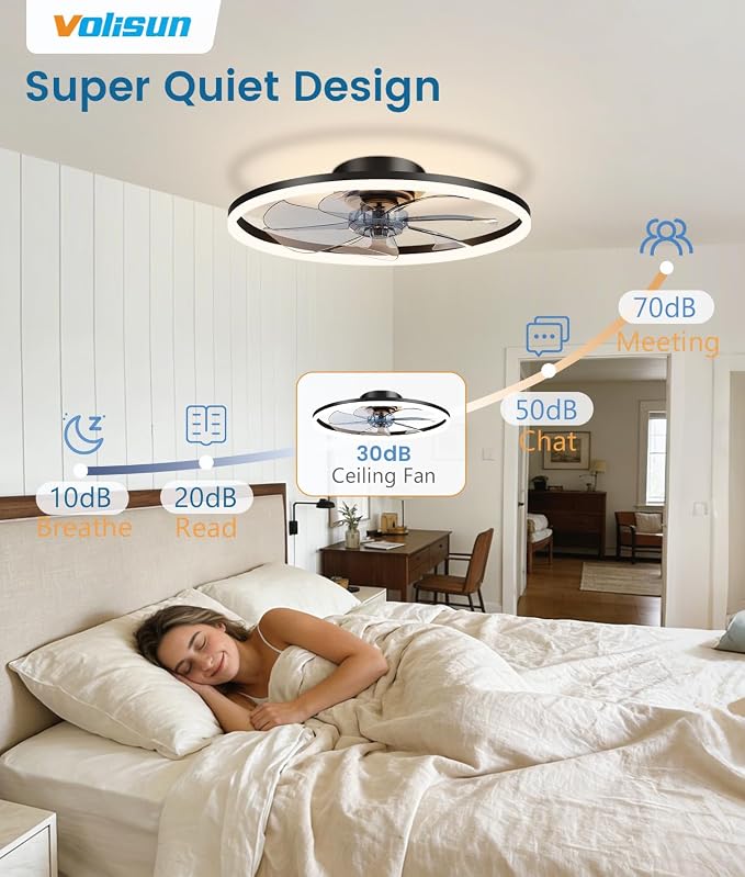 VOLISUN Low Profile Ceiling Fans with Light and Remote, No Assembly, 20in Fandelier Ceiling Fan with Lights, 3000K-6500K Dimmable Flush Mount LED Fan Light, Black Bladeless Ceiling Fans for Bedroom