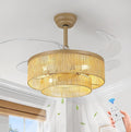 RUIYEY Retractable Ceiling Fans with Lights: 20 inch Low Profile Ceiling Fans with Remote Control, 4 Blades 6 Speeds DC Reversible LED Flush Mount Rattan Ceiling Light Fixtures for Bedroom Kitchen