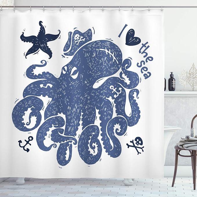 Ambesonne Octopus Shower Curtain, Nautical Theme Image of a Pirate Octopus with Anchors and Starfish Retro, Cloth Fabric Bathroom Decor Set with Hooks, 69" W x 70" L, White Blue