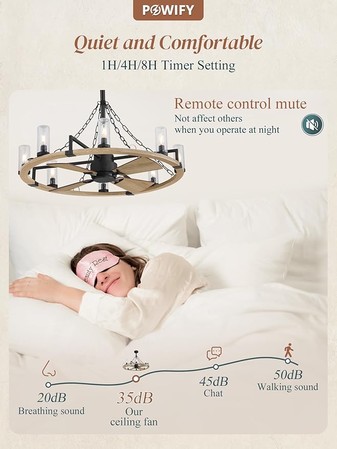 Wagon Wheel Rustic Chandelier Ceiling Fan with Light, 36 inch Farmhouse Caged Ceiling Fans, Dual Finish Blades, Wood Bladeless Fandelier Fan Lights Ceiling Fixtures for Bedroom Kitchen