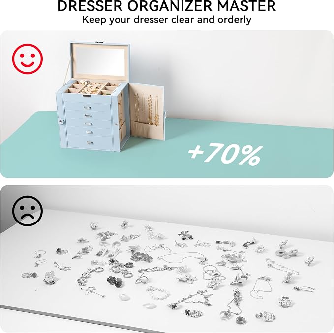 Frebeauty 6-Layer Jewelry Box for Women,Large Jewelry Organizer with Drawer | Faux Leather,Built-in Mirror,Spacious Jewelry Storage,16 Necklace Hooks,Organizing by Category for Rings Earrings Bracelet