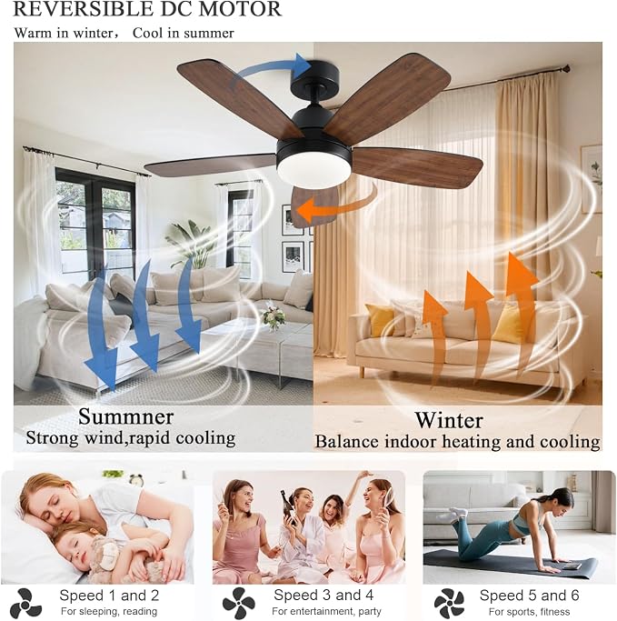 GJeg Ceiling Fans with Lights, 42 Inch Low Profile Ceiling Fan with Lights and Remote Control, LED Dimmable DC Reversible, 8 Speed, Noiseless, Modern Brown Ceiling Fan for Bedroom, Indoor/Outdoor Use