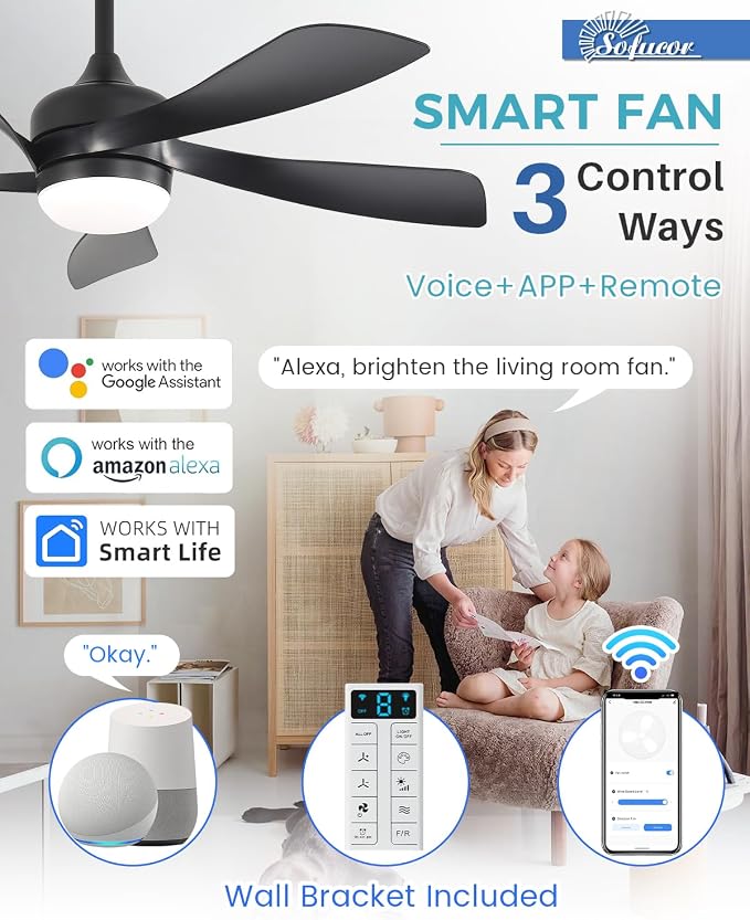 Sofucor 42" Smart Ceiling Fan, Indoor/Outdoor Black Ceiling Fans with Lights and Remote, Works with Alexa/Google/App, 3-Color Light 6-Speed Timing Reversible DC Motor for Bedroom Living Room Patio