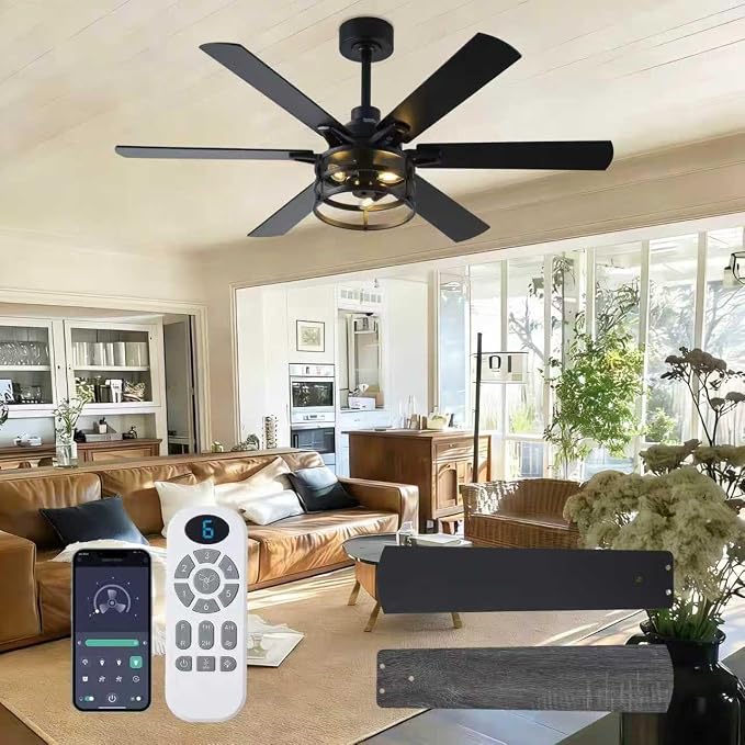 NKPU 52 Inch Farmhouse Ceiling Fan with Light and Remote, Black Industrial Caged Rustic Ceiling Fan with 6 Speed Reversible Motor and Dual Finish 6 Blades, Rustic Ceiling Fan for Living