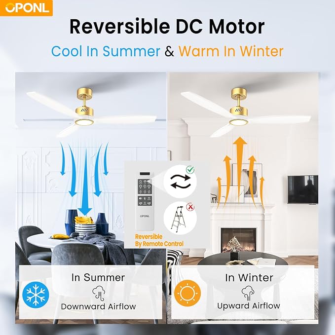 OPONL Ceiling Fan with Light, Ceiling fan with Light and Remote Control, Reversible, 6CCT, Dimmable, Noiseless, Ceiling Fan for Bedroom, Indoor/Outdoor Use, White, 52 inch, Wood