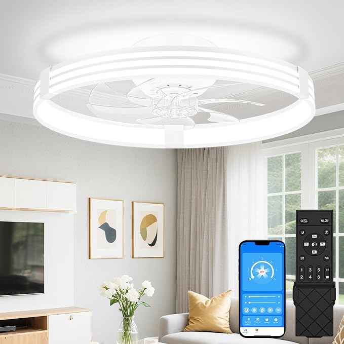 VOLISUN Low Profile Ceiling Fans with Lights and Remote, 20in Flush Mount Ceiling Fan with Light, 3000K-6500K Dimmable Fandelier LED Fan Light, White Bladeless Ceiling Fans with Lights for Bedroom