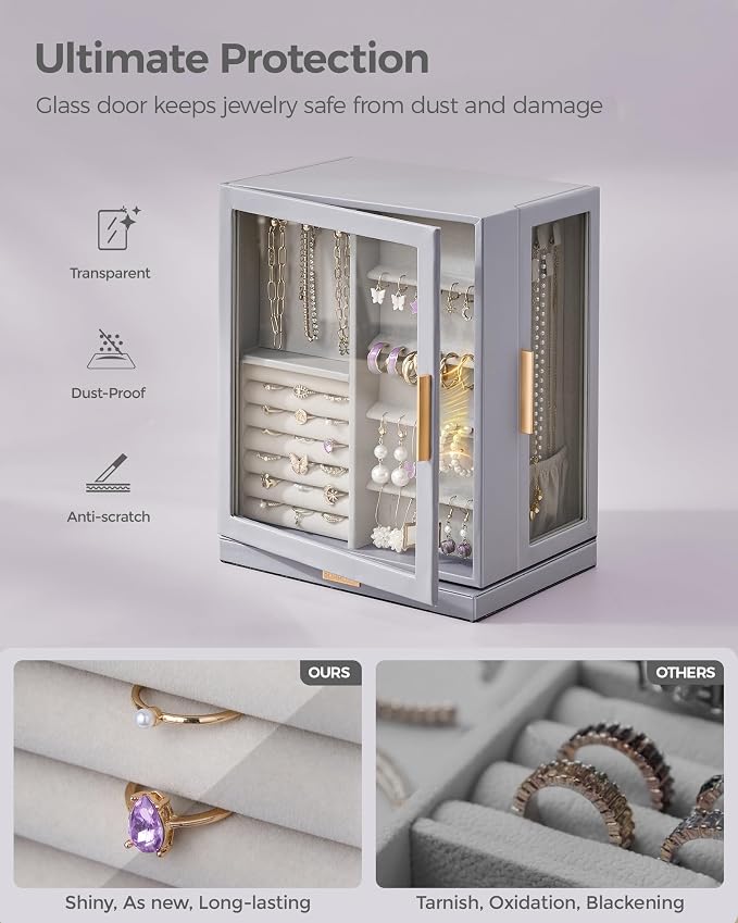 Glimmloop 360° Rotating Jewelry Box with 5 Drawers, Spacious Vertical Jewelry Organizer with Glass Window, Jewelry Storage Case, Dustproof & Moisture-resistant Design, Grey