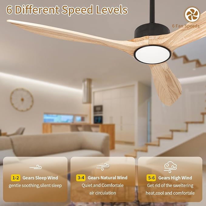 Wood Ceiling Fan with Lights,52Inch Ceiling Fans with Remote Control,Dimmable Light,3 CCT,6 Speeds,Noiseless DC Motor,2 downrod,Ceiling Fan for Bedroom,Living Room,Indoor