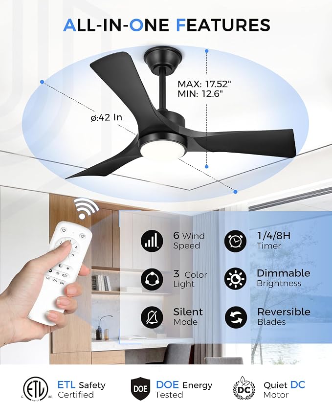 42 Inch Indoor Outdoor Ceiling Fan with Light and Remote, 3CCT Dimmable LED, Modern Black Ceiling Fan, Reversible Motor, Quiet 3-Blade Fan for Bedroom, Covered Patio, ZCCF08BK-42