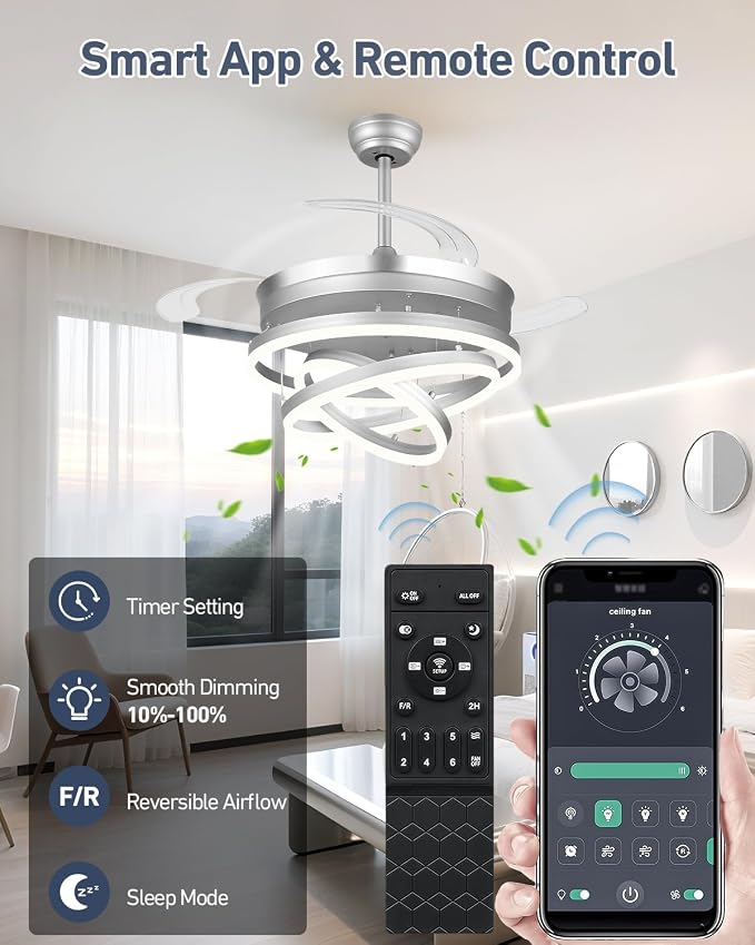 42 Inch Retractable Ceiling Fans with Lights and Remote, Modern Chandelier Fandelier Ceiling Fans, Quiet Reversible DC Motor, 6 Speeds, 3 Color Dimmable LED for Bedroom Living Room (Silver)