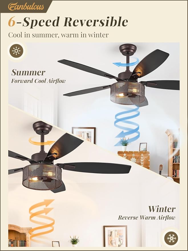Fanbulous Farmhouse Oil Bronze Ceiling Fans with Lights and Remote, 52 Inch Bedroom Caged Ceiling Fans for Living Room Kitchen，6 Speed Reversible Quiet DC Motor, Dual Finish 5 Blades