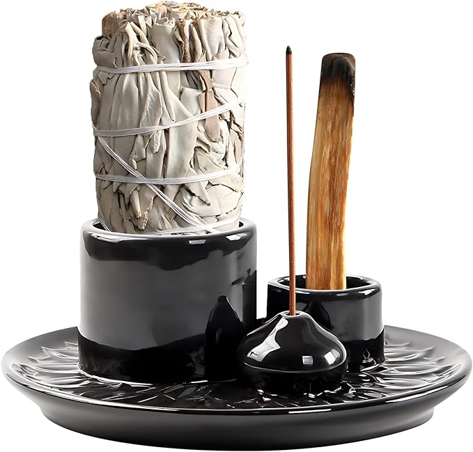 Palo Santo Holder, 4 in 1 Incense Burner Holder, Ceramic Ash Catcher Tray for Meditation Room, Candle Holder for Burning Sage, Palo Santo, Black
