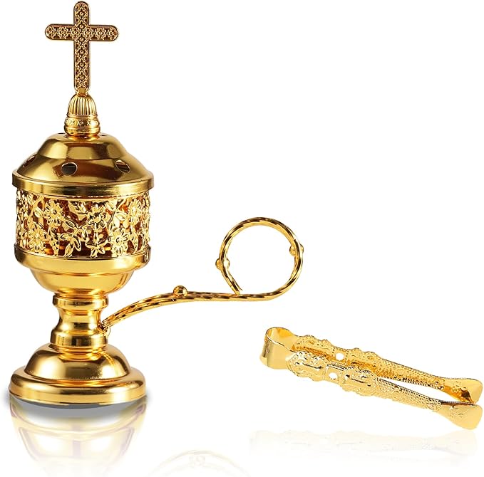 Gold Incense Burner with Tong – Frankincense Charcoal Incense Stand Aromatherapy, Yoga, Spa, Home Decor, and Church Use – Compact & Durable Bakhoor Holder