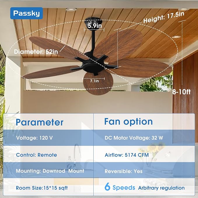Passky Ceiling Fan No Light, 52 inch Tropical Ceiling Fan with Remote Control, Reversible, Super Quiet, High Quality DC Motor, Banana-leaf Shape Ceiling Fan for Bedroom, living room, Coverd Patio