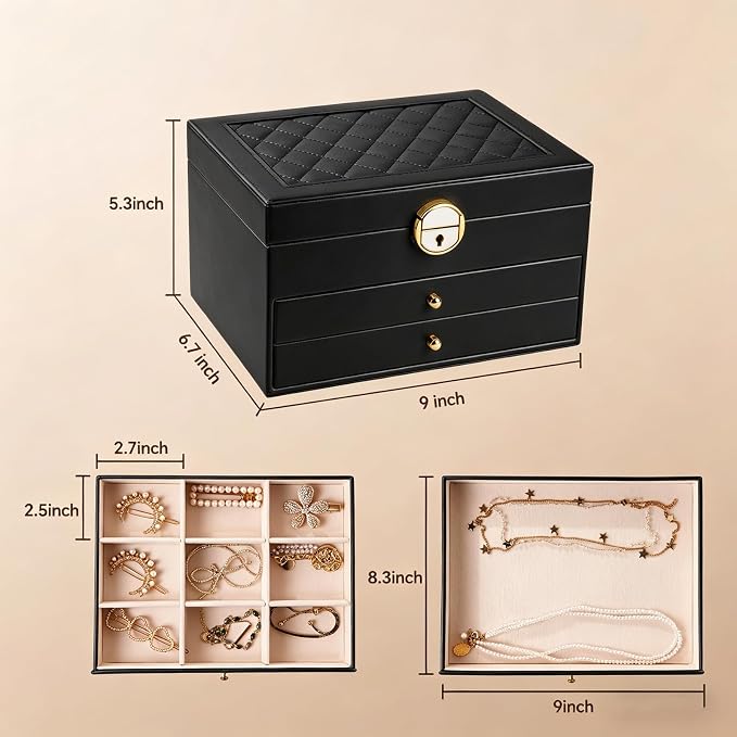 3 Layer Jewelry Box Organizer with Drawers, Lockable Holder for Women Girls | Large Capacity Storage Case with Velvet Lining, Earring Slots, Ring Cushions, Necklace Hooks, Elegant Gift for Mom