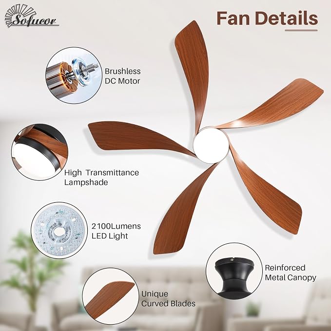 Sofucor Smart 52'' Low Profile Ceiling Fan with Lights and Remote, Flush Mount Ceiling Fan Work with APP/Alexa/Google for Farmhouse Bedroom Living Room Patio, Dimmable LED Quiet Reversible DC Motor
