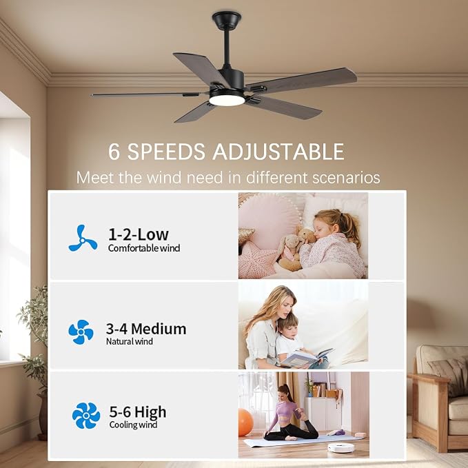 FUMLTP 52 inch Modern Ceiling Fans with Lights APP/Remote Control, Low Profile Reversible 6 Speeds Dimmable Ceiling Fan Light for Indoor/Outdoor Bedroom Living Room（Brown）