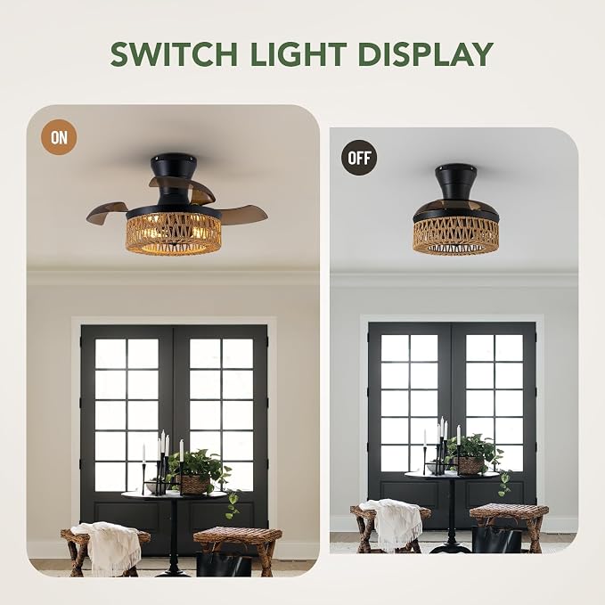 28'' Retractable Ceiling Fan with Lights and Remote, Flush Mount Small Caged Ceiling Fan Farmhouse Boho Fandelier Invisible Blades 6 Wind Speed for Kids Room Bedroom Kitchen Dining Room