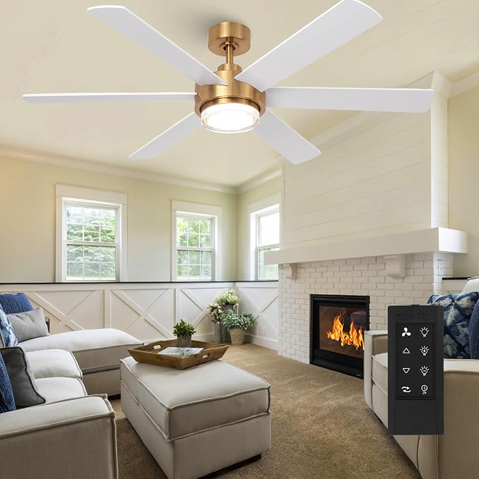 54" Gold Ceiling Fan with Lights and Remote, Modern White & Gold Ceiling Fan, Quiet DC Motor, 6-Speed Reversible Fan, Dimmable LED, Luxury Ceiling Fan for Bedroom Living Room Dining Room