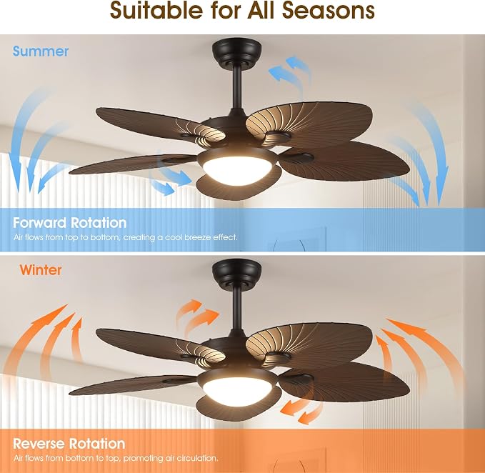 Wiviniya Tropical Ceiling Fans with Lights, 44 Inch Palm Leaf Outdoor Ceiling Fan with Light for Patios Porch Bedroom, Remote/APP Control, Reversible Quiet DC Motor, Dimmable LED, Dark Brown