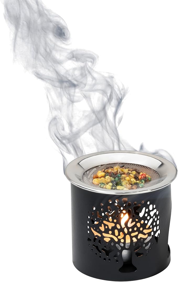 Handmade Black Iron Incense Burner/Incense Censer with Stainless Steel Sieve – 2.36-Inch Height Featuring Tree of Life Motif – Ideal for Aromatherapy and Tea Light Burning. Tealight Included