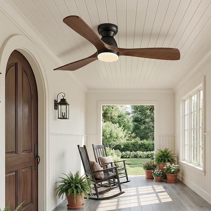60in Smart Flush Mount Ceiling Fans with Lights,Outdoor Low Profile Ceiling Fan Quiet DC Motor,Work with Alexa/Gg Voice Control/App/Remote,Dimmable,6-speed,3 Wood blades Fan for Patio,Dark Walnut