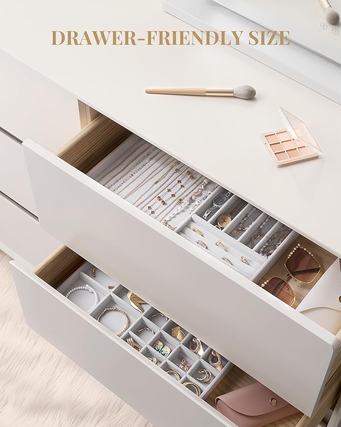 Lolalet Jewelry Drawer Organizer Inserts, Stackable Velvet Tray Jewelry Storage Organizers Set Display Cases for Necklaces Bracelets Earrings Rings Chains Bangles Watches, Grey, Set of 2
