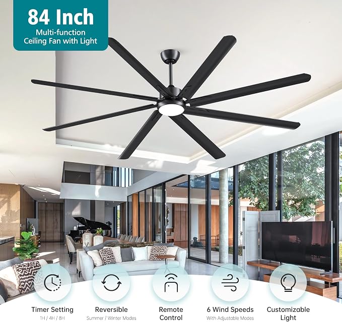 Modern 84 Inch Led Ceiling Fans With Lights, 1-6 Wind Speeds 3cct Black 84" Indoor | Outdoor Large Ceiling Fans With Lights And Remote For Warehouses Patios Porch Barns
