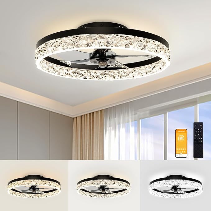 VOLISUN Low Profile Ceiling Fan with Lights and Remote, No Assembly,19.7in Modern Ceiling Fans Flush Mount, 3000K-6500K Dimmable Bladeless LED Fan Light, Black Fandelier Ceiling Fans for Bedroom