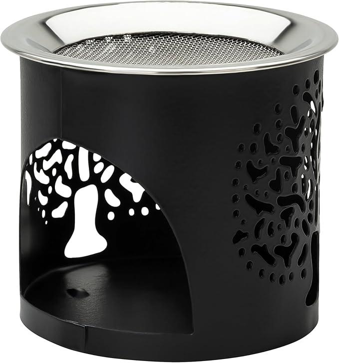 Handmade Black Iron Incense Burner/Incense Censer with Stainless Steel Sieve – 2.36-Inch Height Featuring Tree of Life Motif – Ideal for Aromatherapy and Tea Light Burning. Tealight Included