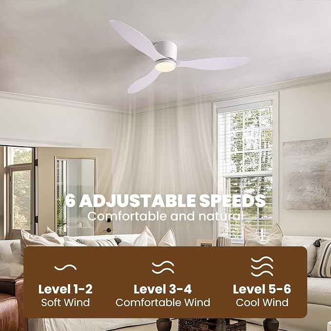 LUDOMIDE Ceiling Fans with Lights,52 Inch Low Profile Ceiling Fan with Wall Control and Remote Control,Dimmable,Flush Mount Ceiling Fan with Noiseless DC Reversible Motor for Bedroom Indoor Use