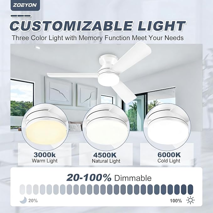 Ceiling Fans with Lights - 42 Inch Low Profile Ceiling Fan with Light and Remote Control, Reversible, 3CCT Dimmable, Noiseless, White Small Flush Mount Ceiling Fan for Bedroom Indoor/Outdoor