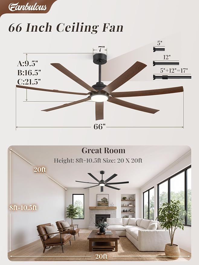 Fanbulous 66" Ceiling Fans with Lights and Remote, APP Control, 6 Speeds, Dimmable, 3CCT, Wood Grain Farmhouse Ceiling Fan with Reversible DC Motor, Indoor/Outdoor Ceiling Fan for Living Room Patios
