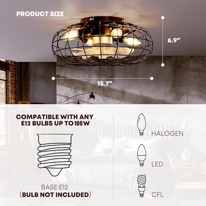 Ceiling Fan with Lights, 16 Inch Caged Ceiling Fan Lights Remote Control Small Industrial Ceiling Fan Light Fixture Flush Mount Farmhouse Light 8 Speeds Bladeless Lights for Bedroom Kitchen